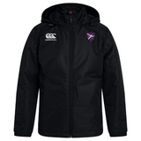 The Fort Wayne Rugby Club Vaposhield Stadium Jacket by EMB Canterbury is a black jacket featuring a hood, the Canterbury logo on the right chest, and a shield emblem on the left chest, designed with Vaposhield technology to make it your go-to water-repellent stadium jacket.