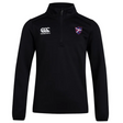 The Fort Wayne Rugby Club 1/4 Zip Mid Layer Training Top by Canterbury, in black fleece, features the Canterbury logo on the right and a colorful crest on the left chest, perfectly blending style and comfort for rugby season.