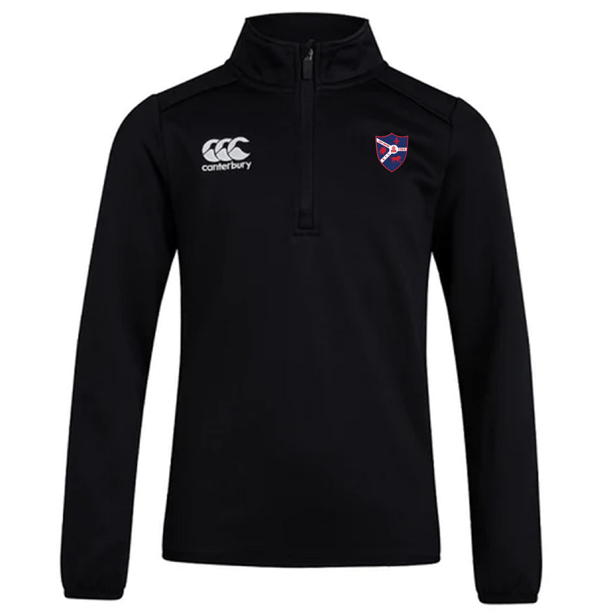 The Fort Wayne Rugby Club 1/4 Zip Mid Layer Training Top by Canterbury, in black fleece, features the Canterbury logo on the right and a colorful crest on the left chest, perfectly blending style and comfort for rugby season.