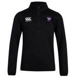 The Fort Wayne Rugby Club 1/4 Zip Mid Layer Training Top by Canterbury, in black fleece, features the Canterbury logo on the right and a colorful crest on the left chest, perfectly blending style and comfort for rugby season.