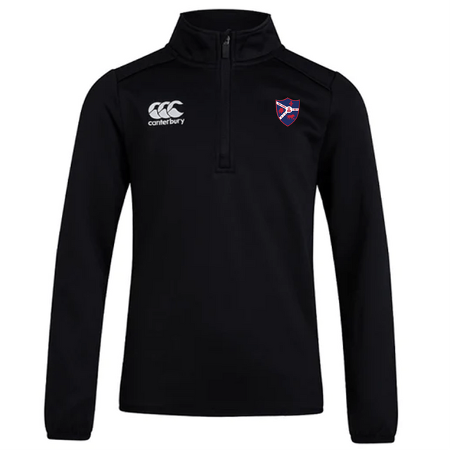 The Fort Wayne Rugby Club 1/4 Zip Mid Layer Training Top by Canterbury, in black fleece, features the Canterbury logo on the right and a colorful crest on the left chest, perfectly blending style and comfort for rugby season.