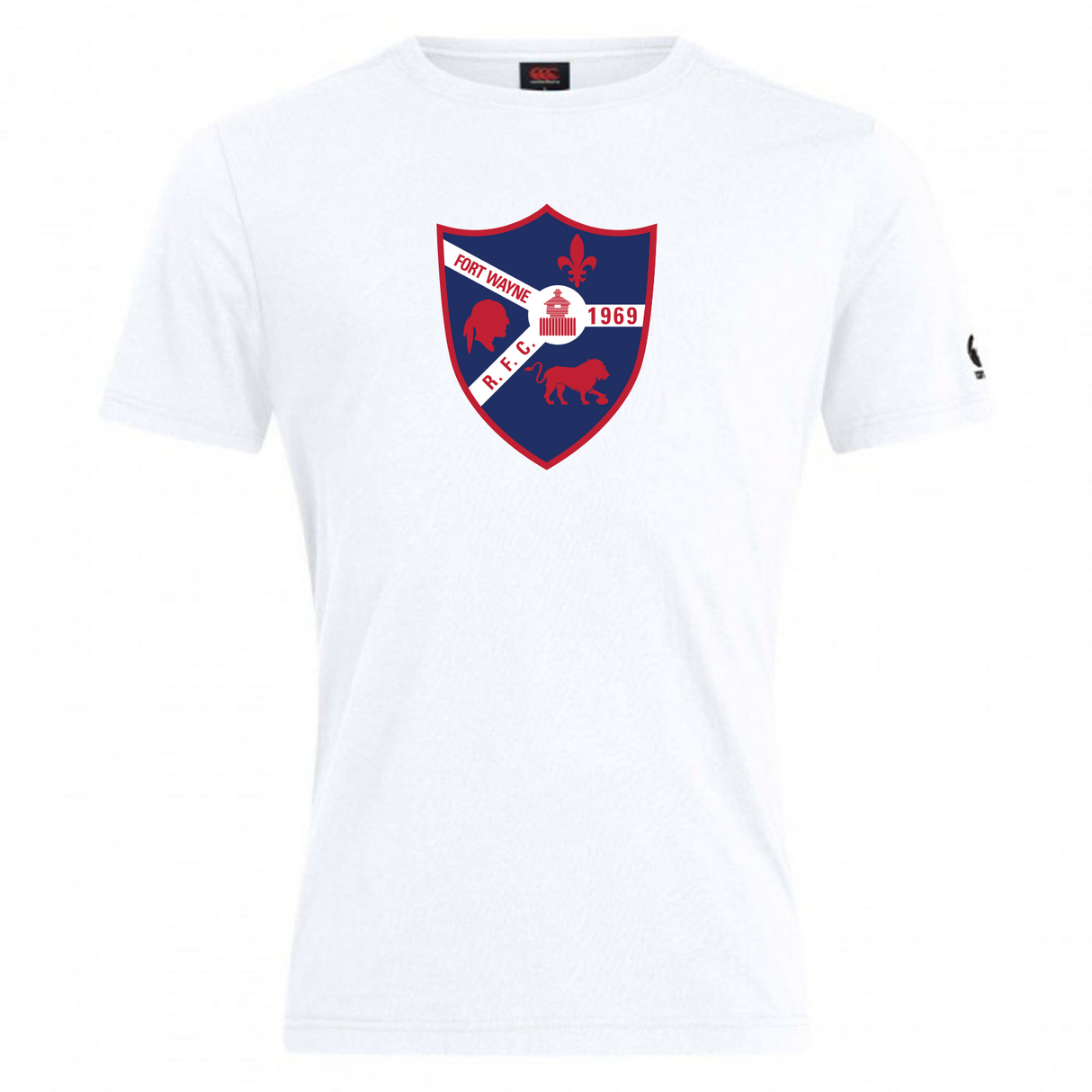 The Fort Wayne Rugby Club Plain Tee by WRS Canterbury is a white cotton-heavy shirt featuring a red and blue shield logo with "Fort Wayne" text, a fleur-de-lis, castle silhouette, and the year 1969, combining timeless comfort and style.