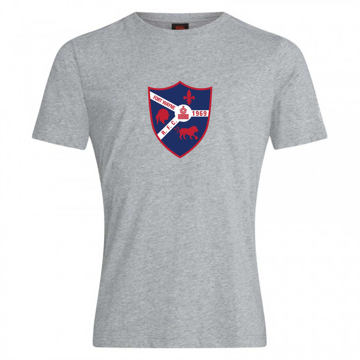 The Fort Wayne Rugby Club Plain Tee by WRS Canterbury is a gray T-shirt made with a cotton-rich blend. It features a colorful crest with red, blue, white hues and displays a fleur-de-lis, lion, chess knight along with "Fort Worth" and "1968," combining style and comfort.