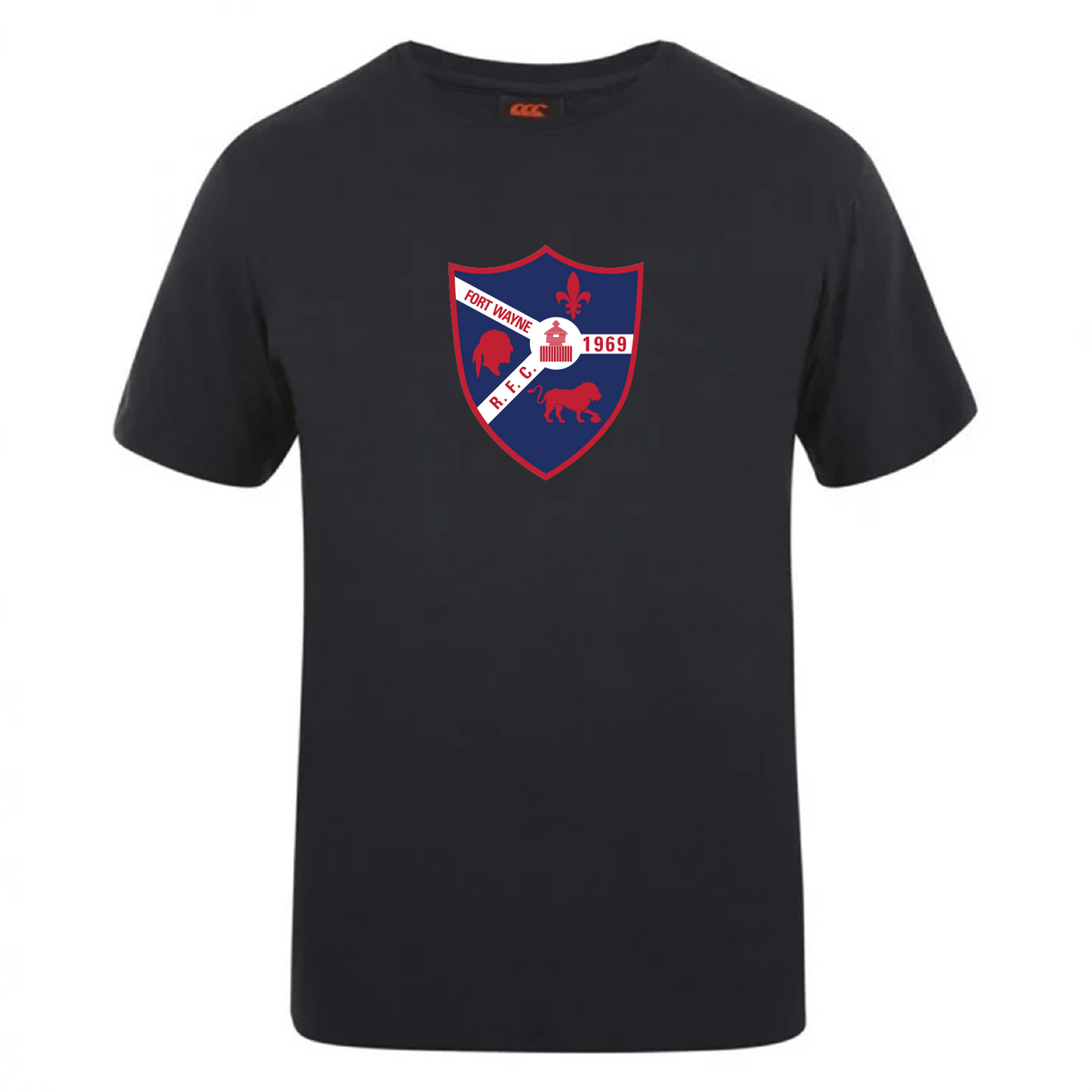 The Fort Wayne Rugby Club Plain Tee by WRS Canterbury features a cotton-heavy blend with a red and blue shield emblem, "Fort Wayne, FC, 1963" text, and two lions. Subtle Canterbury branding adds distinction to the timeless design.