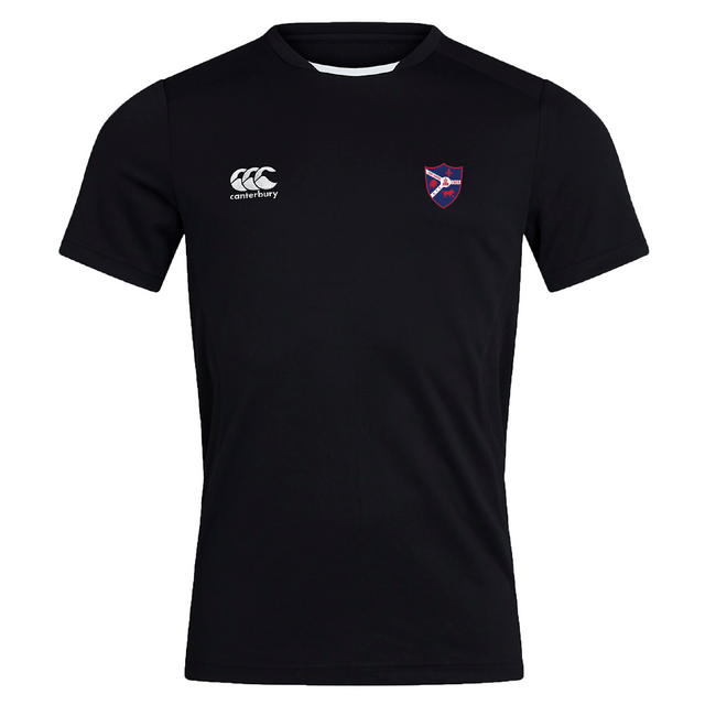 The Fort Wayne Rugby Club Dry Tee by EMB Canterbury is a black sports jersey with Vapodri Technology for breathability, featuring the Canterbury logo on the right chest and a shield emblem on the left.