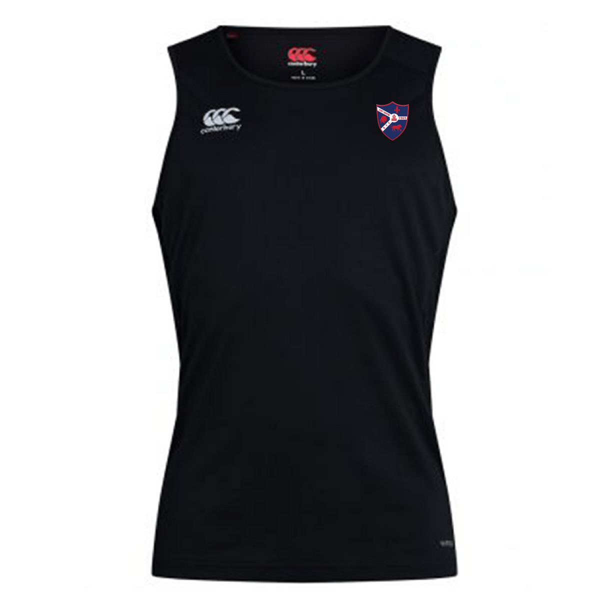 Discover the Fort Wayne Rugby Club Dry Singlet by EMB Canterbury, a black sleeveless athletic shirt with Vapodri Technology for enhanced performance. It features a right chest logo and a white emblem on the left shoulder, designed for champions.