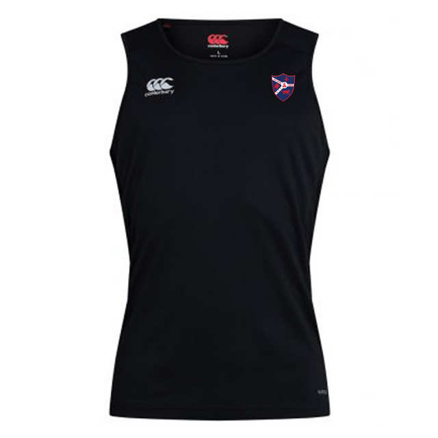 Discover the Fort Wayne Rugby Club Dry Singlet by EMB Canterbury, a black sleeveless athletic shirt with Vapodri Technology for enhanced performance. It features a right chest logo and a white emblem on the left shoulder, designed for champions.