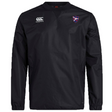 The Fort Wayne Rugby Club Vaposhield Contact Top by EMB Canterbury is a black pullover windbreaker with the Canterbury logo on the right chest and a red and blue shield emblem on the left, crafted from durable fabric with advanced Vaposhield technology, enhancing style and functionality for wet weather training.
