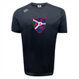 The Fort Wayne Rugby Tempo Vapodri T-Shirt by WRS Canterbury is navy blue, featuring a red and blue crest with a lion, fleur-de-lis, and ship. Labeled "Ponty Rugby RFC 1969," it utilizes VapoDri technology for superior moisture-wicking performance.