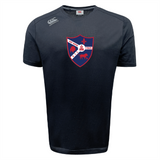 The Fort Wayne Rugby Tempo Vapodri T-Shirt by WRS Canterbury is navy blue, featuring a red and blue crest with a lion, fleur-de-lis, and ship. Labeled "Ponty Rugby RFC 1969," it utilizes VapoDri technology for superior moisture-wicking performance.