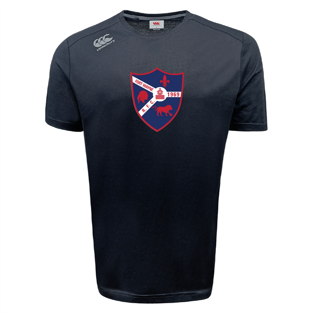 The Fort Wayne Rugby Tempo Vapodri T-Shirt by WRS Canterbury is navy blue, featuring a red and blue crest with a lion, fleur-de-lis, and ship. Labeled "Ponty Rugby RFC 1969," it utilizes VapoDri technology for superior moisture-wicking performance.