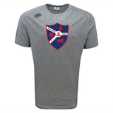 The Fort Wayne Rugby Tempo Vapodri T-Shirt by Canterbury, from WRS Canterbury, showcases a crest with a red shield outline, ship, horse, and fleur-de-lis with "Fort Wayne R.F.C 1969" in bold red and blue. Its VapoDri tech ensures excellent moisture-wicking for all-day comfort.