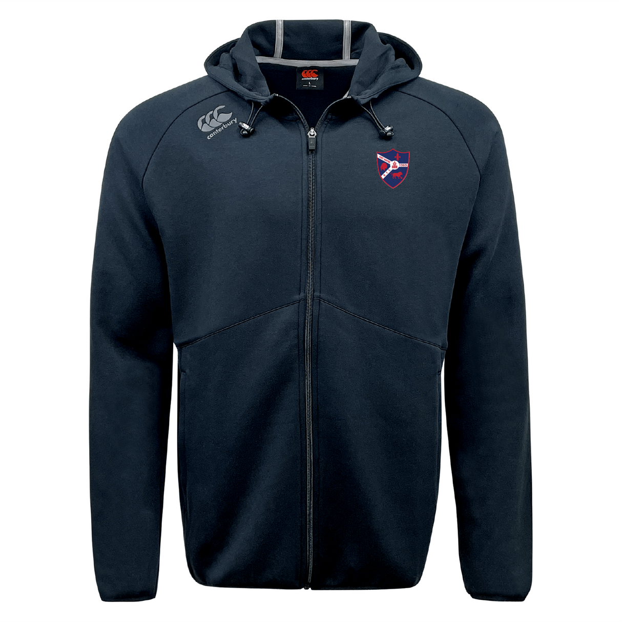The navy blue Fort Wayne Rugby Tempo Vapodri Full-Zip Hoodie by EMB Canterbury features a red and blue chest emblem, Canterbury branding with a small shoulder logo, and moisture-wicking fabric for comfort.