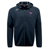 The navy blue Fort Wayne Rugby Tempo Vapodri Full-Zip Hoodie by EMB Canterbury features a red and blue chest emblem, Canterbury branding with a small shoulder logo, and moisture-wicking fabric for comfort.