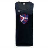 The Fort Wayne Rugby Tempo Vapodri Singlet by WRS Canterbury is a black sleeveless sports jersey made from recycled polyester, featuring a red and blue crest with "Fort Worth" and "1969" on the front. VapoDri technology helps keep you dry and comfortable.