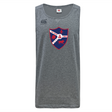 The Fort Wayne Rugby Tempo Vapodri Singlet by WRS Canterbury, a gray sleeveless jersey made from recycled polyester, features a red and blue shield logo with animals and "1969," utilizing VapoDri technology for enhanced comfort.