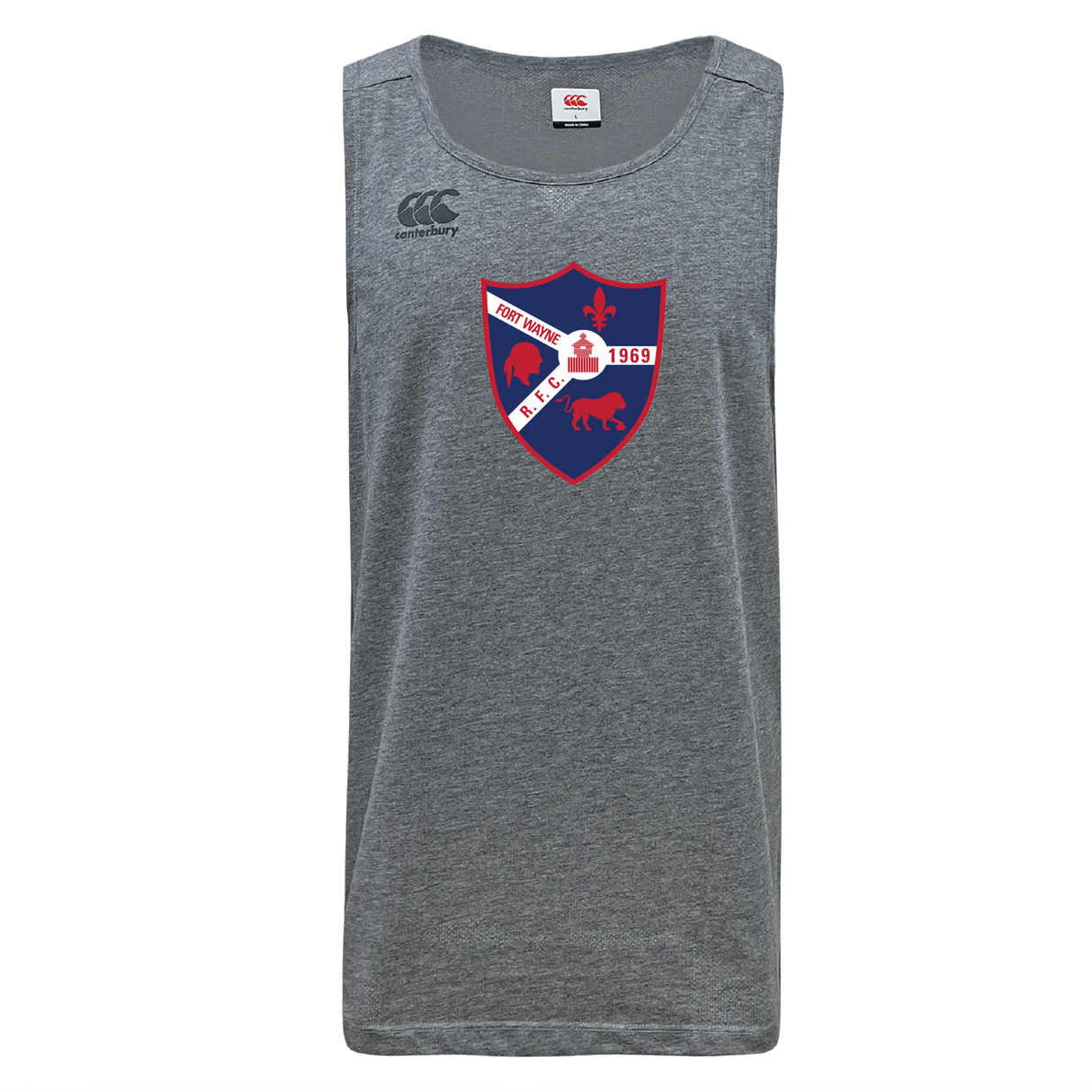 The Fort Wayne Rugby Tempo Vapodri Singlet by WRS Canterbury, a gray sleeveless jersey made from recycled polyester, features a red and blue shield logo with animals and "1969," utilizing VapoDri technology for enhanced comfort.