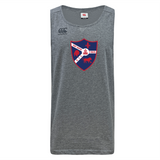 The Fort Wayne Rugby Tempo Vapodri Singlet by WRS Canterbury, a gray sleeveless jersey made from recycled polyester, features a red and blue shield logo with animals and "1969," utilizing VapoDri technology for enhanced comfort.