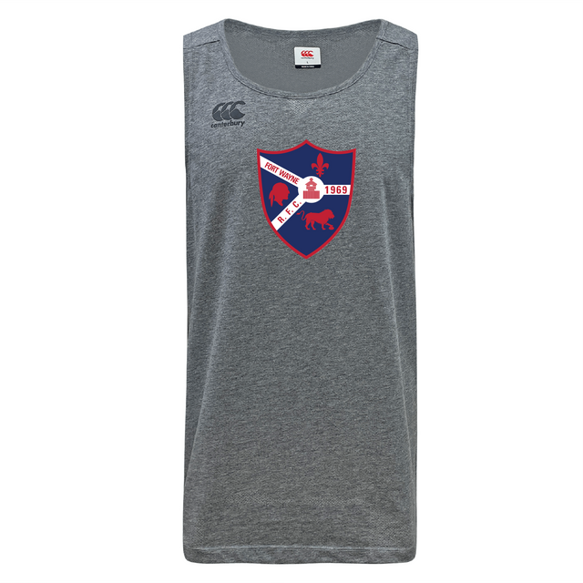The Fort Wayne Rugby Tempo Vapodri Singlet by WRS Canterbury, a gray sleeveless jersey made from recycled polyester, features a red and blue shield logo with animals and "1969," utilizing VapoDri technology for enhanced comfort.