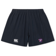 The Fort Wayne Rugby Yokohama Shorts by EMB Canterbury are dark navy with a Canterbury logo on the right leg and a white manufacturer's logo on the left. Made from lightweight, durable fabric, these athletic shorts ensure both comfort and style.