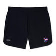 The Fort Wayne Rugby Elite Woven Short by EMB Canterbury, in sleek black, showcases a small logo on the lower right and a brand emblem on the lower left, making it ideal for enhancing your training experience.