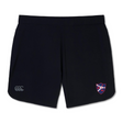 The Fort Wayne Rugby Women's Elite Woven Short by EMB Canterbury is perfect for training, featuring a black athletic design with a small embroidered crest on the right leg and a logo on the left.