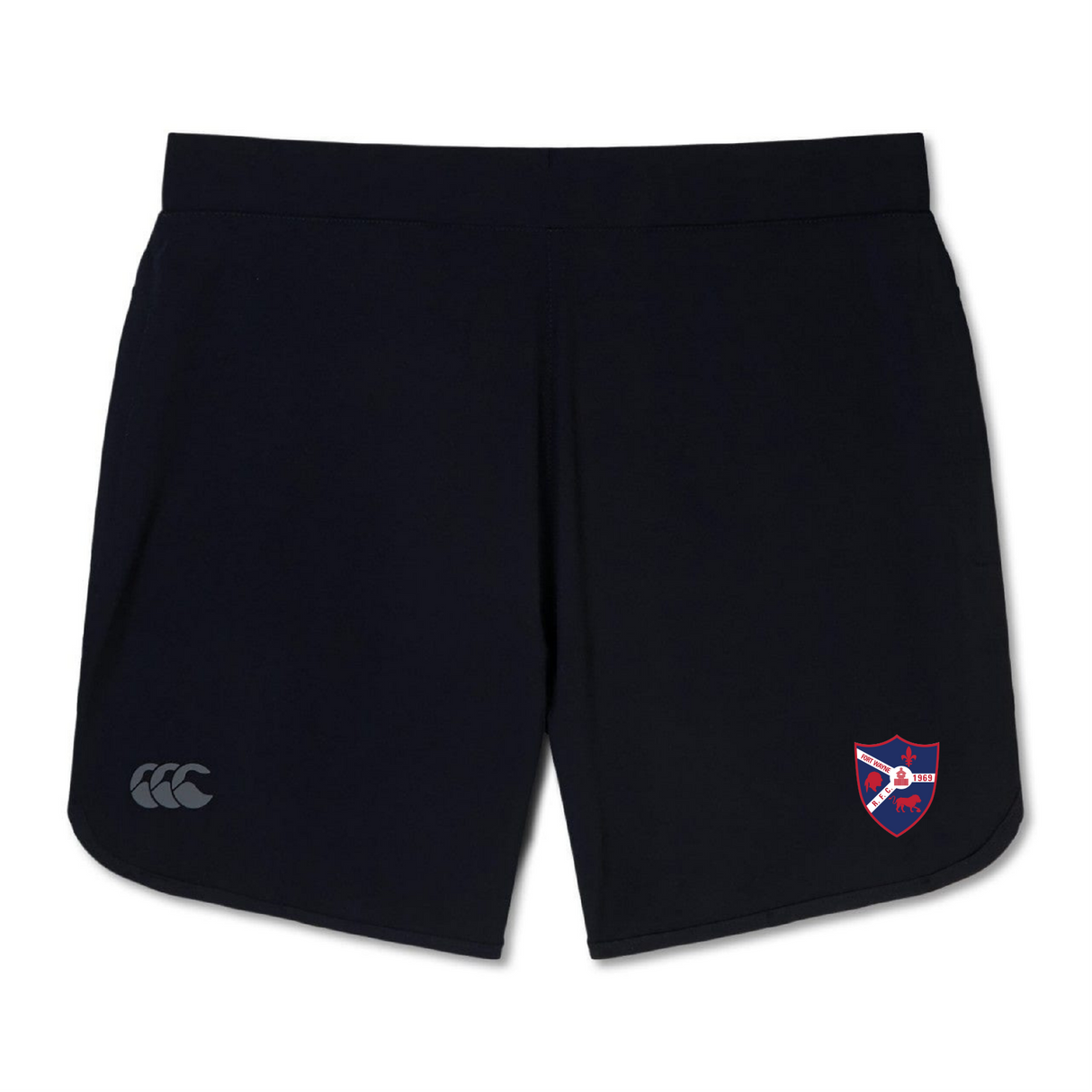 The Fort Wayne Rugby Women's Elite Woven Short by EMB Canterbury is perfect for training, featuring a black athletic design with a small embroidered crest on the right leg and a logo on the left.