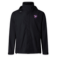 The Fort Wayne Rugby Elite Storm Jacket by EMB Canterbury is a black rain jacket with a hood and red-blue shield logo. Designed using Vaposhield technology, it offers waterproof, breathable protection to keep you dry and comfortable in any weather.