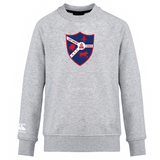 The Fort Wayne Rugby Club Crew Sweatshirt by WRS Canterbury is ultra-soft, featuring a red and blue crest with a fleur-de-lis, helmet, and lion, plus an embroidered CCC logo on the left sleeve.