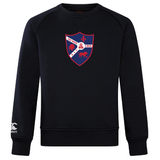 The ultra-soft black Fort Wayne Rugby Club Crew Sweatshirt by WRS Canterbury features a red and white shield with a fleur-de-lis, lion, and ship alongside "Fort Wayne RFC 1969," plus an embroidered CCC logo on the sleeve.