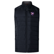 The Fort Wayne Rugby Women's Elite Microlite Gilet by EMB Canterbury is a black insulated puffer vest with baffles, a high collar, a zipper, and a red and blue embroidered chest badge.