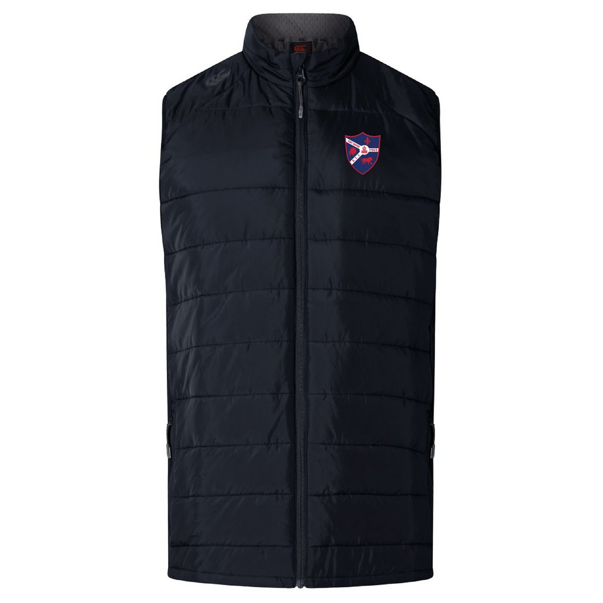 The Fort Wayne Rugby Women's Elite Microlite Gilet by EMB Canterbury is a black insulated puffer vest with baffles, a high collar, a zipper, and a red and blue embroidered chest badge.