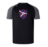 This black and gray tee from WRS Canterbury, inspired by the Fort Wayne Rugby Elite Training Tee, showcases a red and blue shield logo with a white diagonal band, fleur-de-lis emblem, and "Fort Worth R.F.C. 1969" text, crafted with Vapodri fabrics for lightweight comfort.