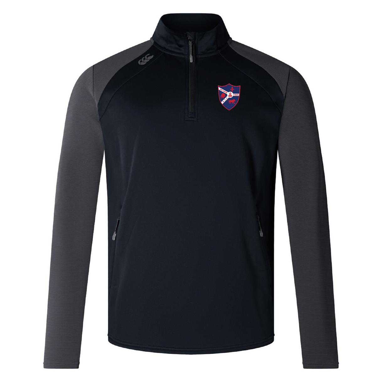The Fort Wayne Rugby Elite 1/4 Zip Top by EMB Canterbury merges performance and comfort with a black and gray style. Crafted from lower impact materials, this long-sleeve pullover includes a quarter-zip front, zippered pockets, a crest logo on the left chest, and a small logo on the shoulder.