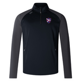 The Fort Wayne Rugby Elite 1/4 Zip Top by EMB Canterbury merges performance and comfort with a black and gray style. Crafted from lower impact materials, this long-sleeve pullover includes a quarter-zip front, zippered pockets, a crest logo on the left chest, and a small logo on the shoulder.