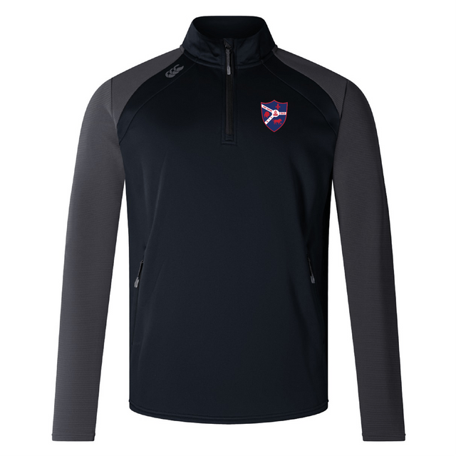 The Fort Wayne Rugby Elite 1/4 Zip Top by EMB Canterbury merges performance and comfort with a black and gray style. Crafted from lower impact materials, this long-sleeve pullover includes a quarter-zip front, zippered pockets, a crest logo on the left chest, and a small logo on the shoulder.