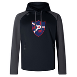 The Fort Wayne Rugby Elite Training Hoody by WRS Canterbury is a black and gray performance sweatshirt. Featuring a knight and shield crest logo on the chest, it's crafted from lower-impact materials to suit your active lifestyle.