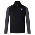 The Fort Wayne Rugby Elite First Layer by EMB Canterbury is a black and gray long-sleeve pullover with VapoDri technology for quick drying, featuring a quarter-zip and shield emblem on the chest, perfect for rugby training.