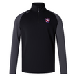 The EMB Canterbury Fort Wayne Rugby Women's Elite First Layer is a black and gray quarter-zip pullover with a red and blue shield emblem on the chest, crafted from moisture-wicking honeycomb fabric for comfort.