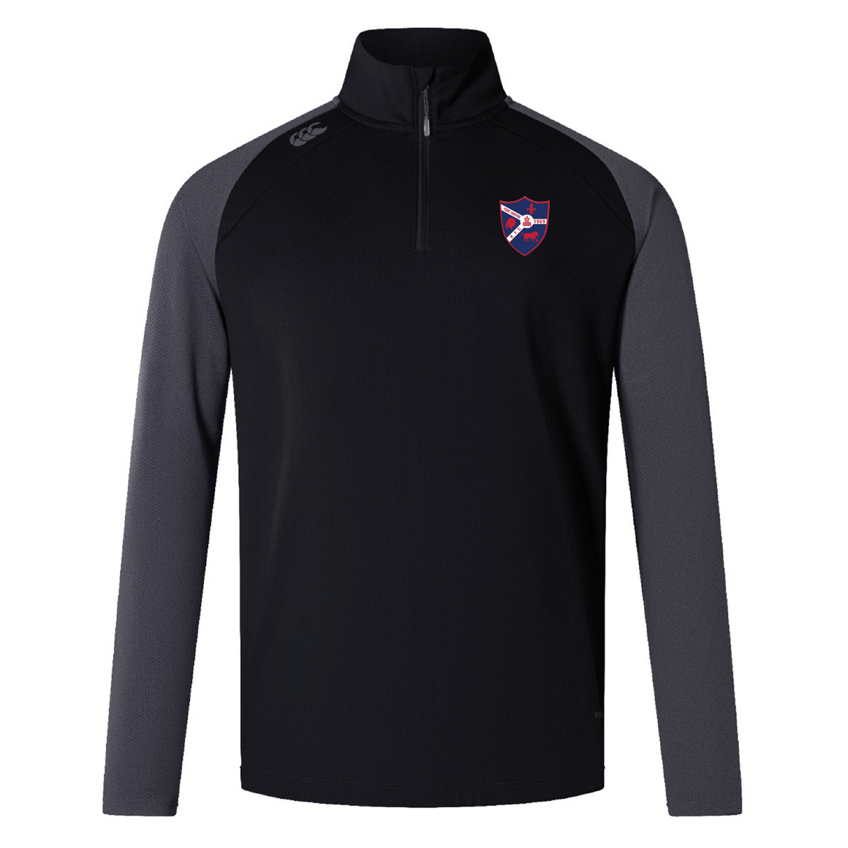 The EMB Canterbury Fort Wayne Rugby Women's Elite First Layer is a black and gray quarter-zip pullover with a red and blue shield emblem on the chest, crafted from moisture-wicking honeycomb fabric for comfort.