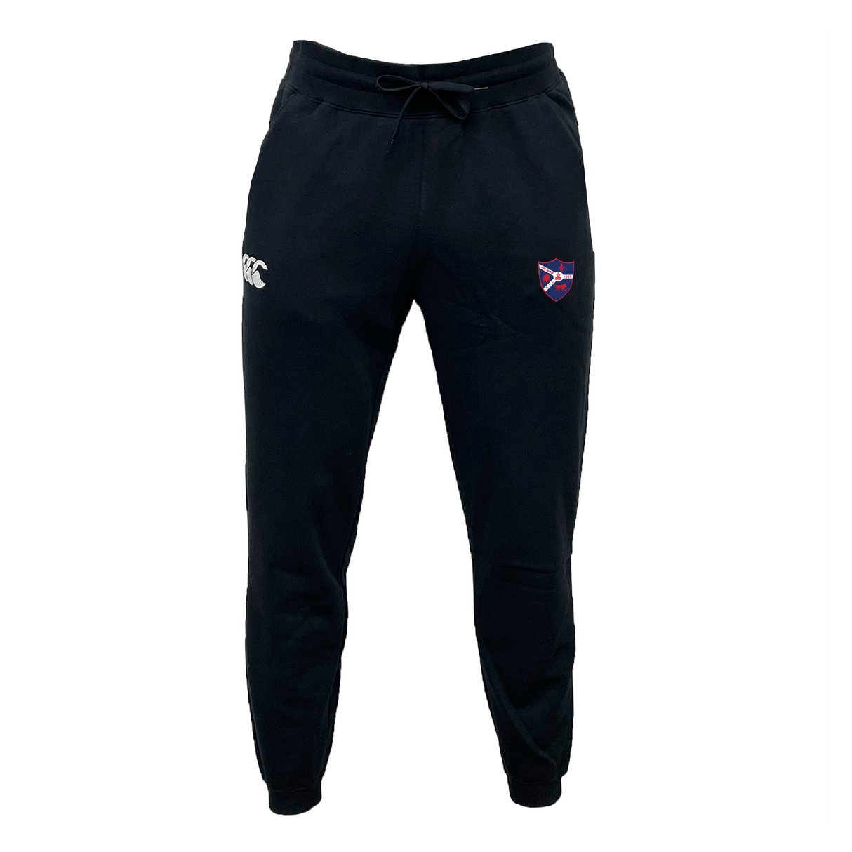 The Fort Wayne Rugby Women's Leisure Sweatpant by EMB Canterbury features black jogger pants with a drawstring waist, crafted from comfortable cotton blend fleece. These leisure sweatpants display the Canterbury logo on the left thigh and a shield emblem on the right.