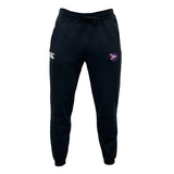 The Fort Wayne Rugby Women's Leisure Sweatpant by EMB Canterbury features black jogger pants with a drawstring waist, crafted from comfortable cotton blend fleece. These leisure sweatpants display the Canterbury logo on the left thigh and a shield emblem on the right.