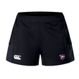 Introducing the Fort Wayne Rugby Women's Advantage Short 2.0 by EMB Canterbury, designed for performance and sustainability. These black athletic shorts have a white logo on the left and a red and blue emblem on the right, crafted with recycled content for eco-friendly athletes.