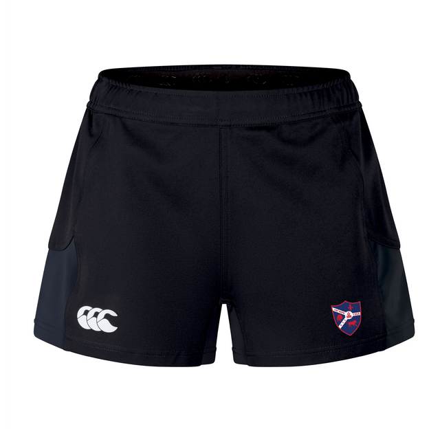Introducing the Fort Wayne Rugby Women's Advantage Short 2.0 by EMB Canterbury, designed for performance and sustainability. These black athletic shorts have a white logo on the left and a red and blue emblem on the right, crafted with recycled content for eco-friendly athletes.