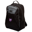The Fort Wayne Rugby Medium Backpack by EMB Canterbury is a black bag with gray accents, showcasing a "Canterbury" logo and shield. It features Vaposhield for durability, plus mesh side pockets and a laptop compartment for convenience.