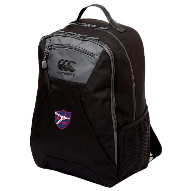 The Fort Wayne Rugby Medium Backpack by EMB Canterbury is a black bag with gray accents, showcasing a "Canterbury" logo and shield. It features Vaposhield for durability, plus mesh side pockets and a laptop compartment for convenience.