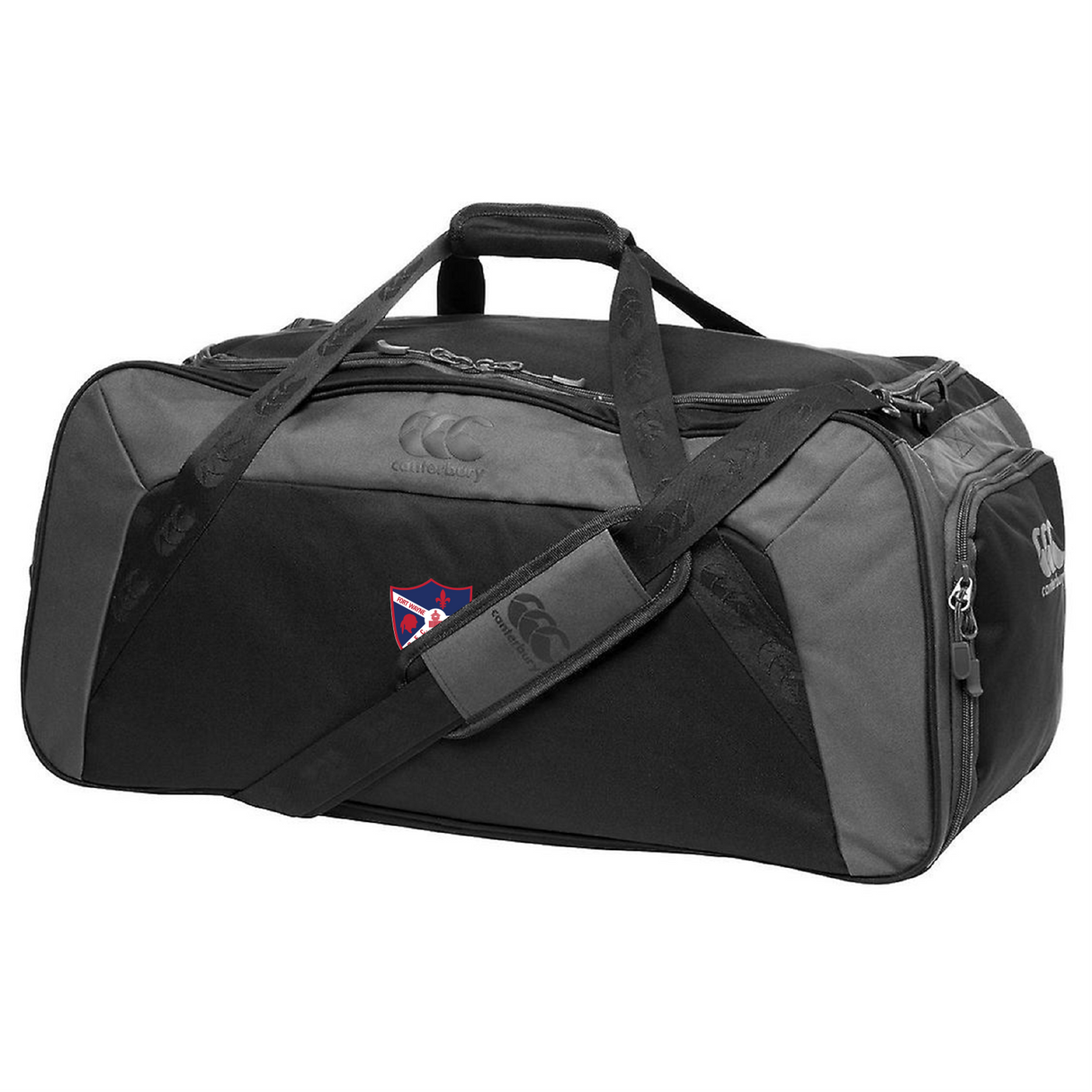 The Fort Wayne Rugby Holdall Duffle Bag by EMB Canterbury is a stylish black and gray sports bag, boasting a water-repellent finish and an adjustable shoulder strap for comfort. A small patch adds style to its practical design.