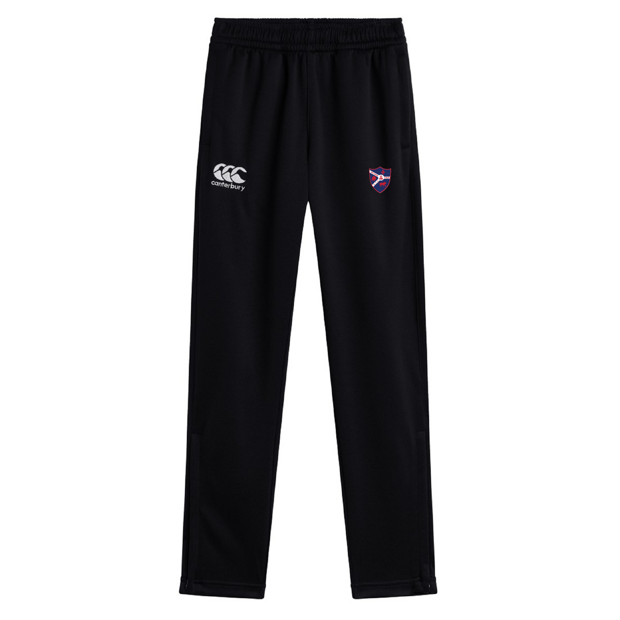 The Fort Wayne Rugby Stretch Tapered Pant by EMB Canterbury features a black design with an embroidered logo on the right, an emblem on the left, and is crafted for quick-dry comfort during workouts.