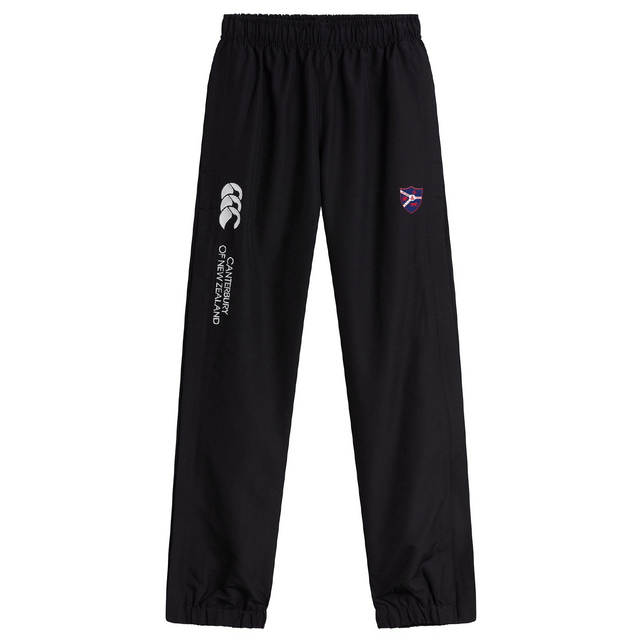 The Fort Wayne Rugby Cuffed Hem Stadium Pant by EMB Canterbury is ideal for rugby enthusiasts, featuring a stylish black design with cuffed hems, logo, and crest on the upper legs for comfort and flair.