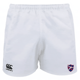 The Fort Wayne Rugby Advantage Rugby Shorts by EMB Canterbury, featuring a logo on the left leg and a sports team crest on the right, are made with moisture-wicking fabric to ensure dryness and comfort.